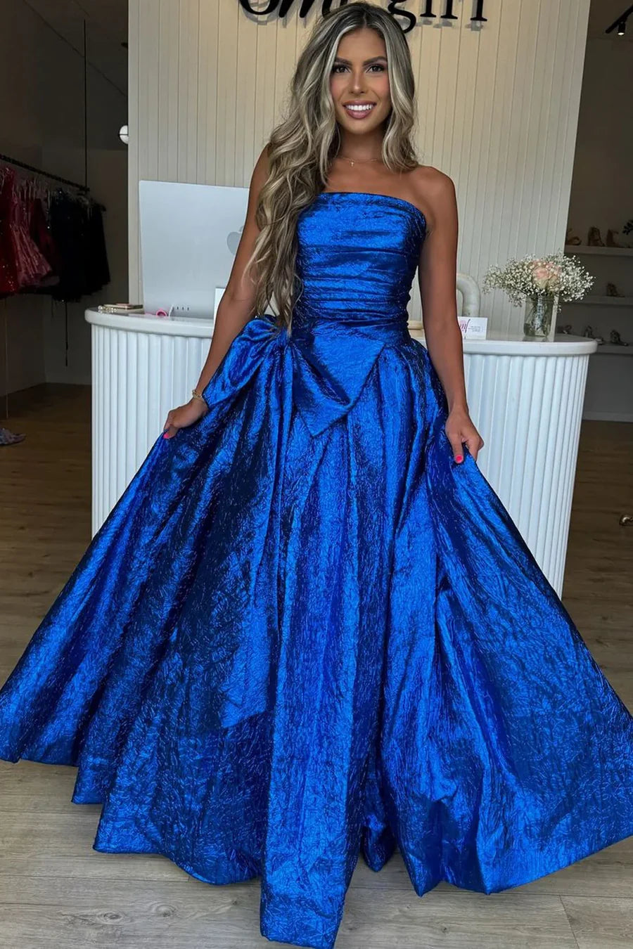 Strapless Satin A-Line Empire Party Prom Dress With Bow